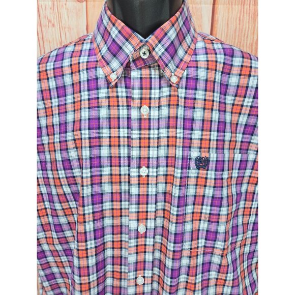 Cinch Mens Plaid Short Sleeve Button-Down Shirt Medium Orange Purple - Picture 3 of 7